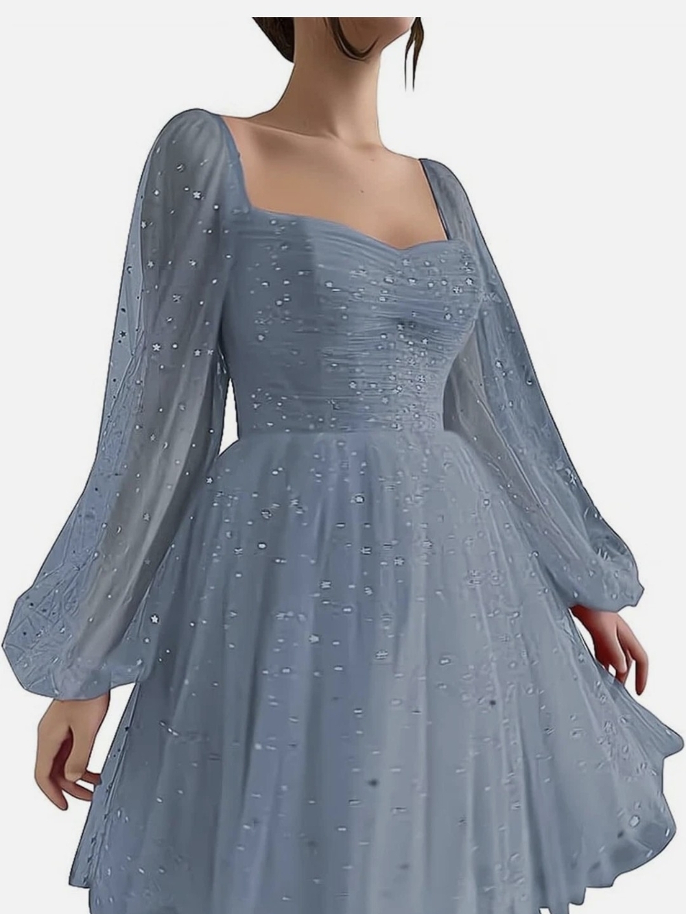Light Blue Star-Detail Long-Sleeve Mesh Dress